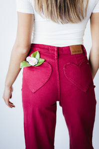 Judy Blue High Rise Heart Pocket Straight Jeans for Women in Scarlet Red