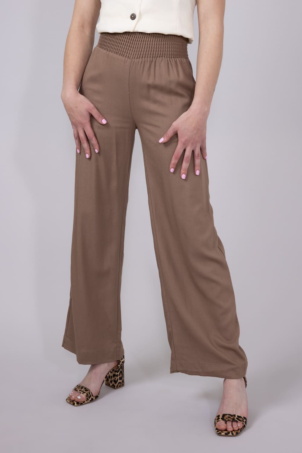 Love Tree Smocked Waist Linen Pants for Women in Mocha