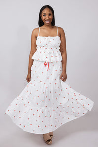 Cherry Embroidered Ruching Tie Front Cami Top for Women in White