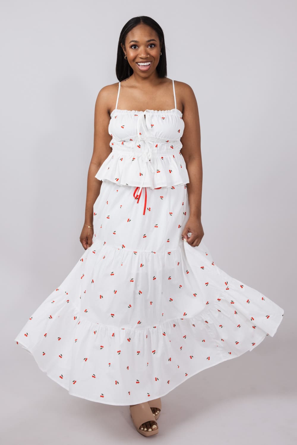 Cherry Embroidered Ruching Tie Front Cami Top for Women in White