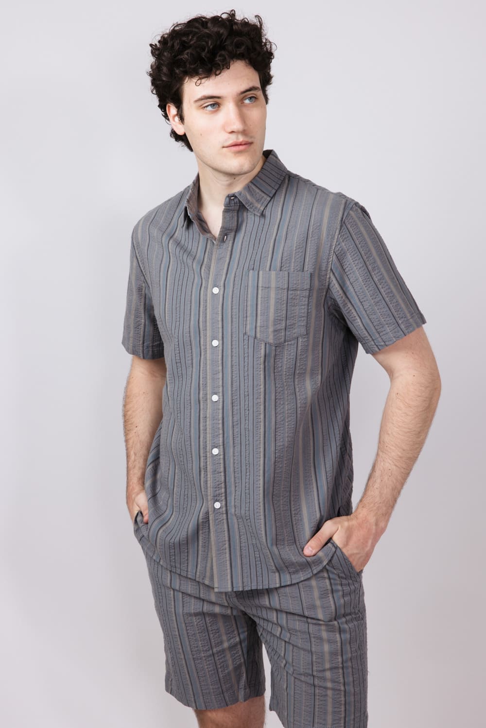 Union Valencia Seersucker Button Up Shirt for Men in Grey