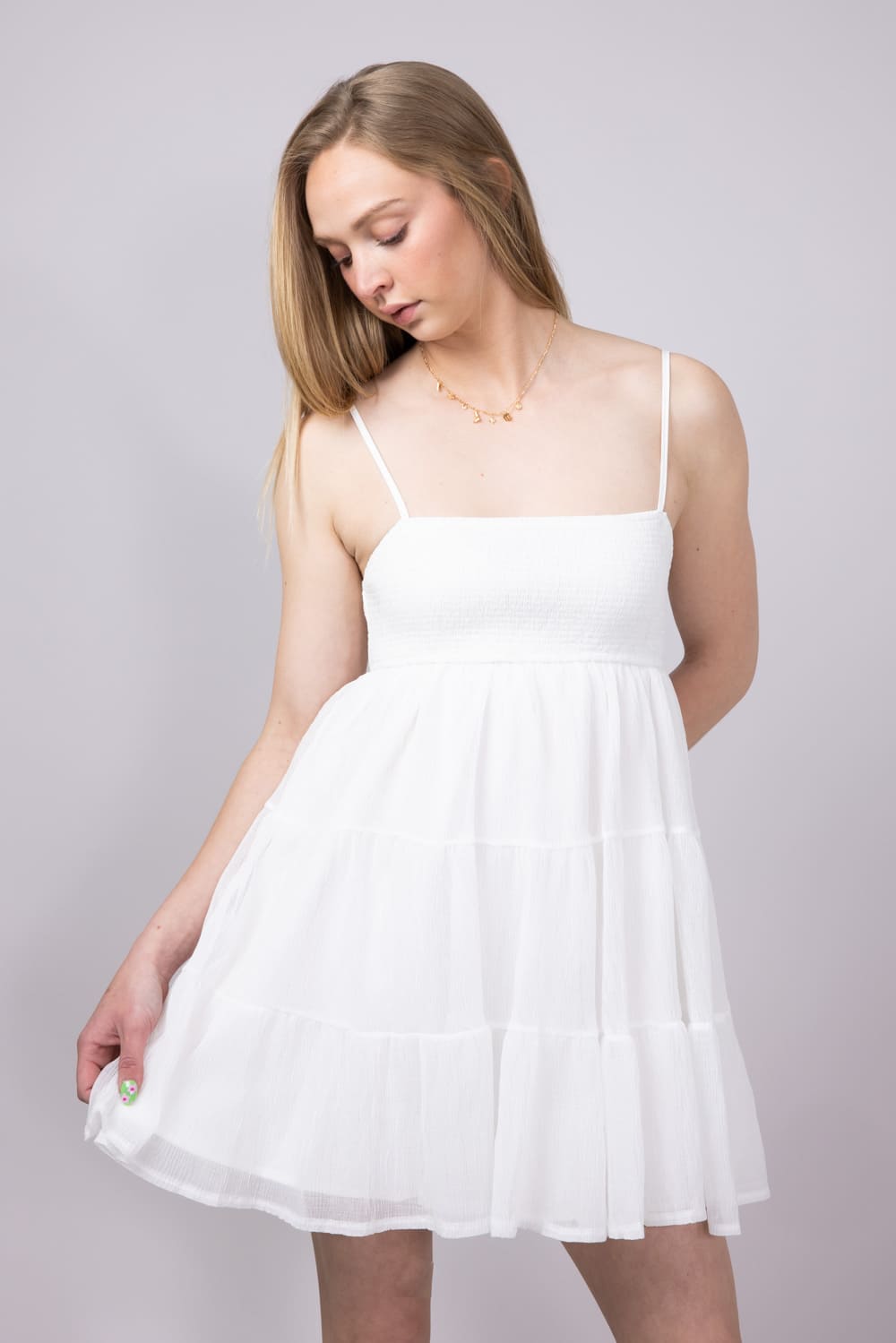 Smocked Tiered Mini Dress for Women in White