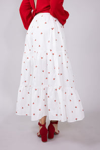 Mustard Seed Cherry Embroidered Tiered Midi Skirt for Women in White