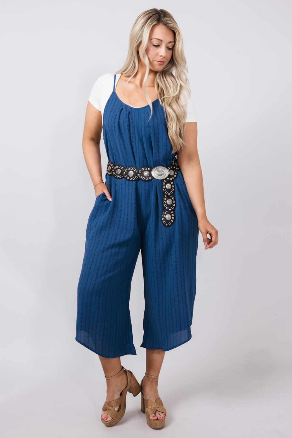 La Miel Cropped Wide Leg Jumpsuit for Women in Blue