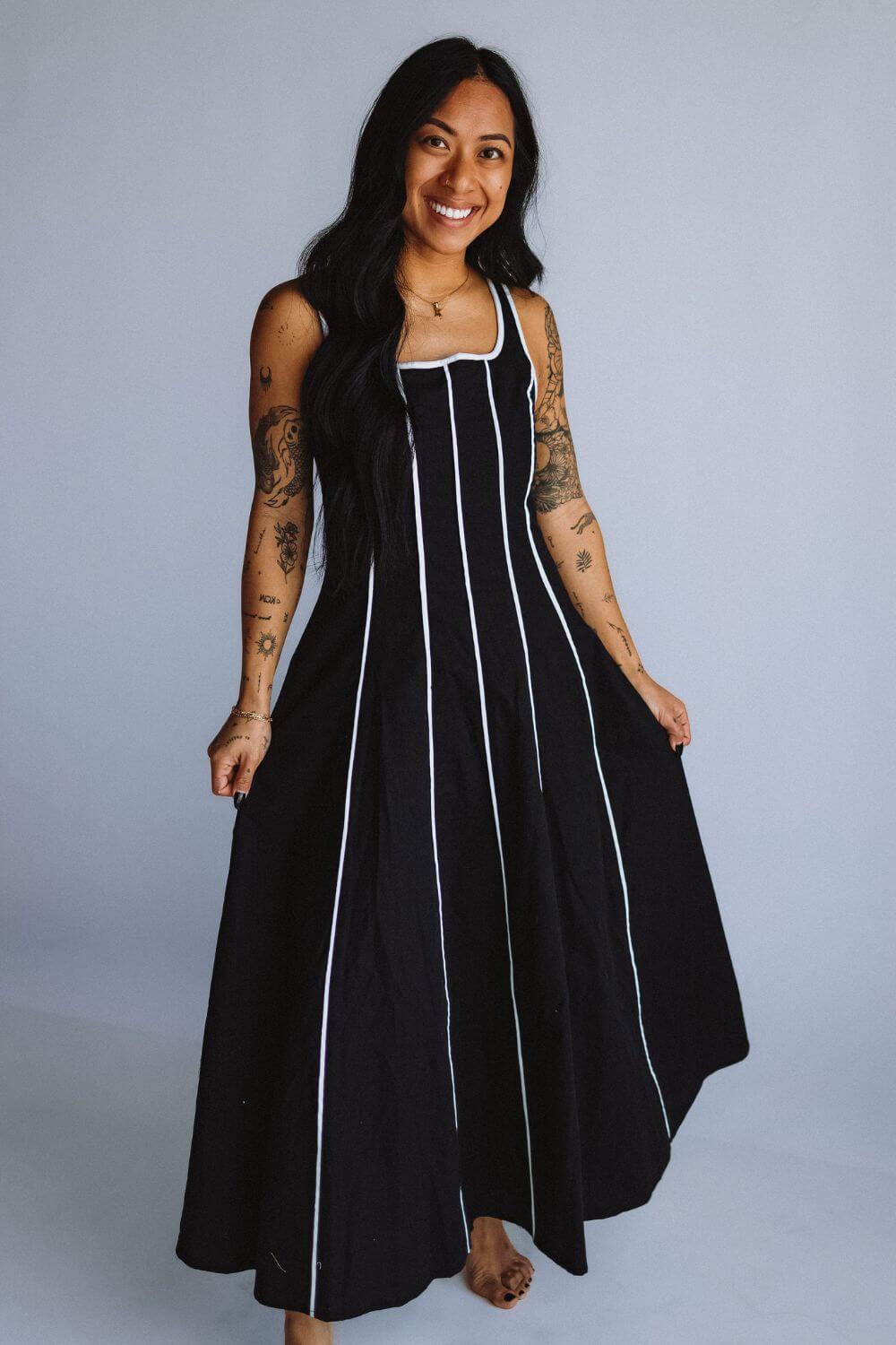 Linen Piping Midi Dress for Women in Black