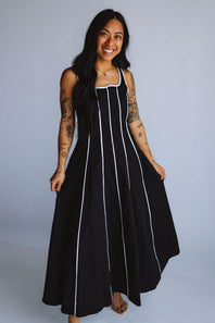 Linen Piping Midi Dress for Women in Black