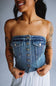 Denim Strapless Button Up Corset Top for Women in Blue