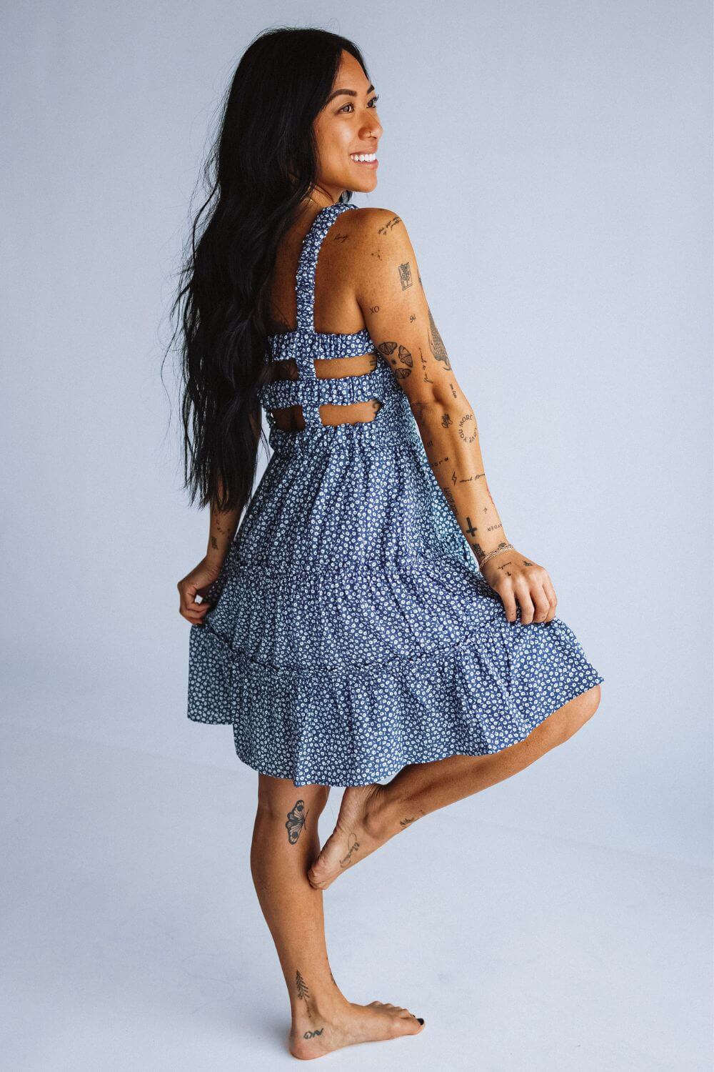 Open Back Elastic Band Mini Dress for Women in Blue Floral
