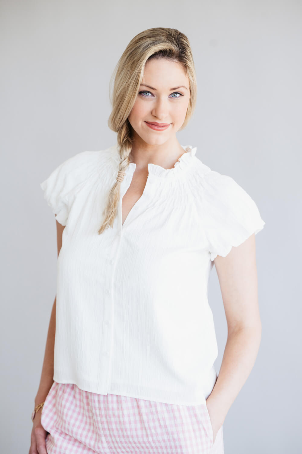 Acoa V-Neck Front Button Top for Women in White