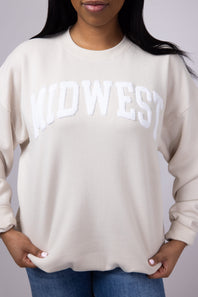 1897 Active Embroidered Chenille Patch Fleece Crewneck for Women in Beige