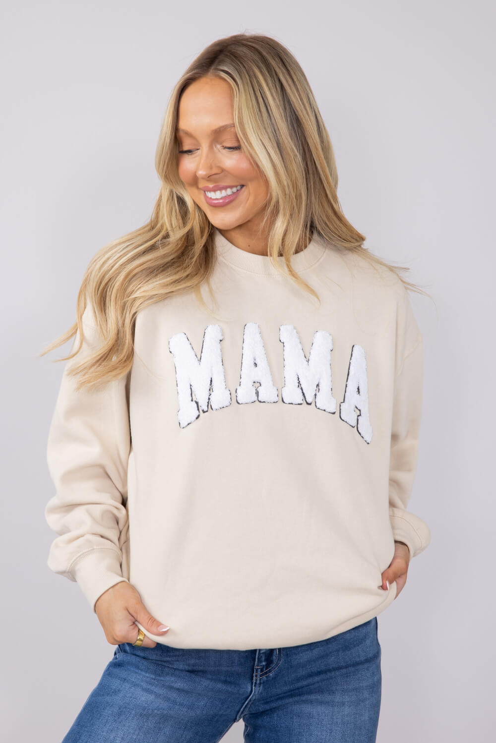 1897 Active Mama Chenille Patch Sweatshirt for Women in Cream