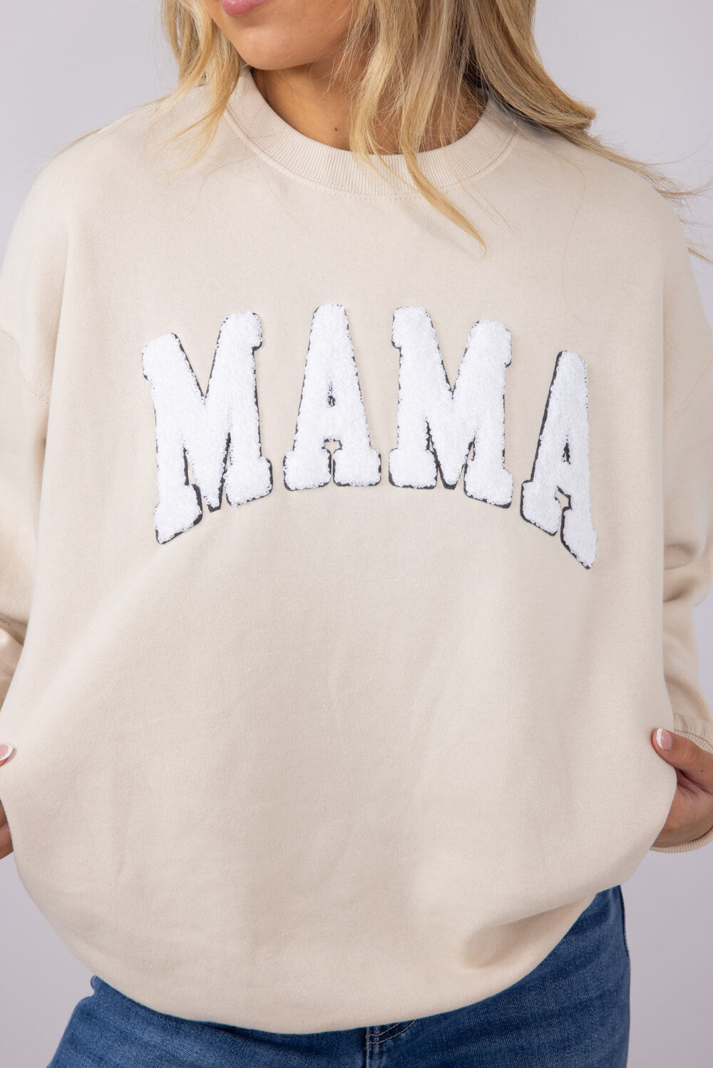 1897 Active Mama Chenille Patch Sweatshirt for Women in Cream
