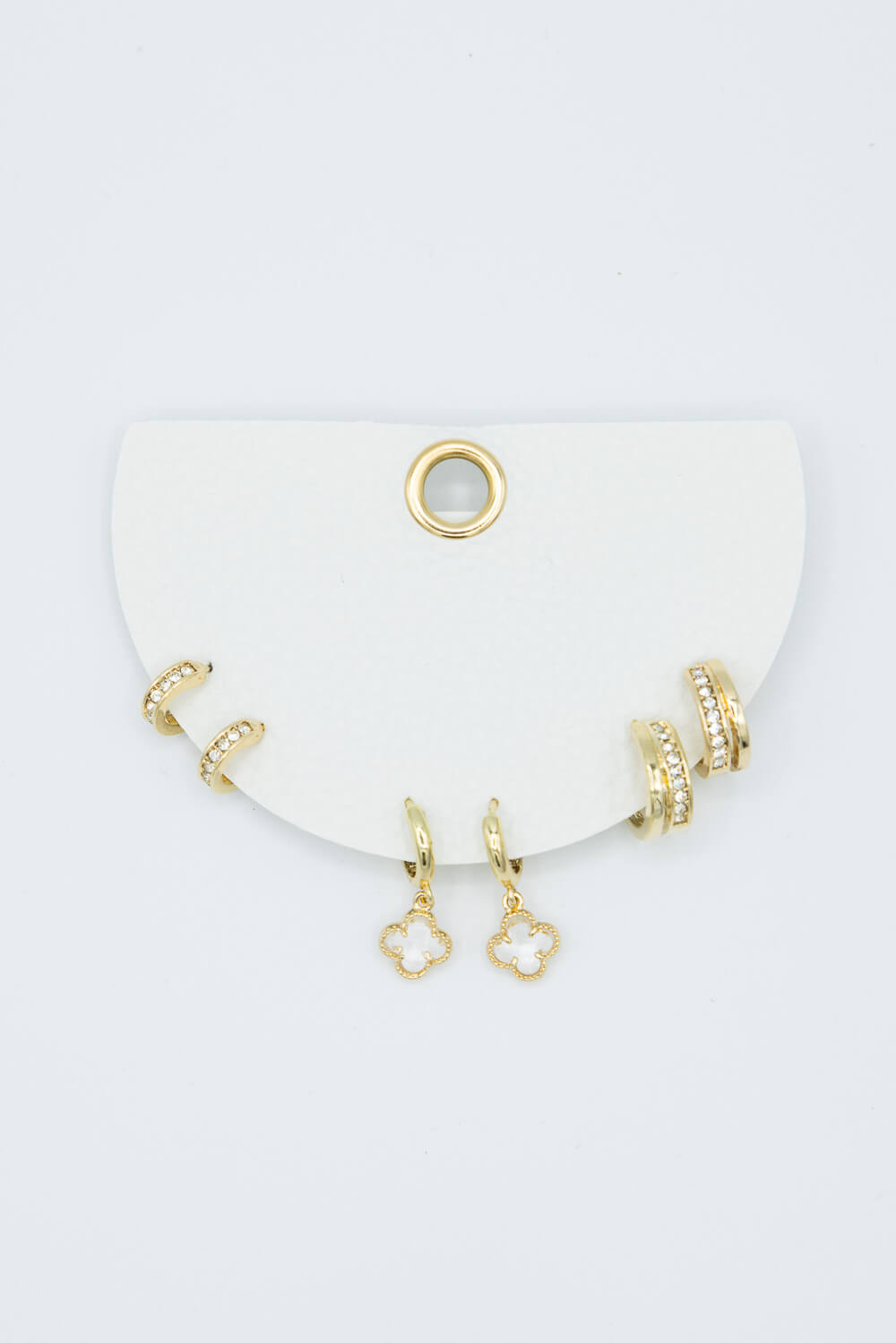 3 Pack Hoop and Clover Shape Gold Earrings