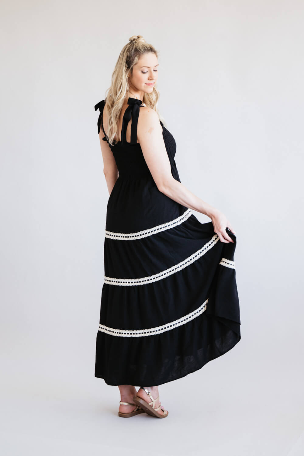 Lace Trim Tiered Smocked Bodice Maxi Dress for Women in Black