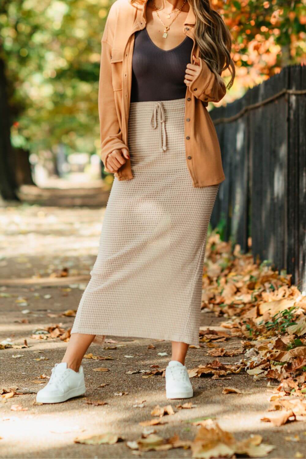 Knit Drawstring Maxi Skirt for Women in Taupe