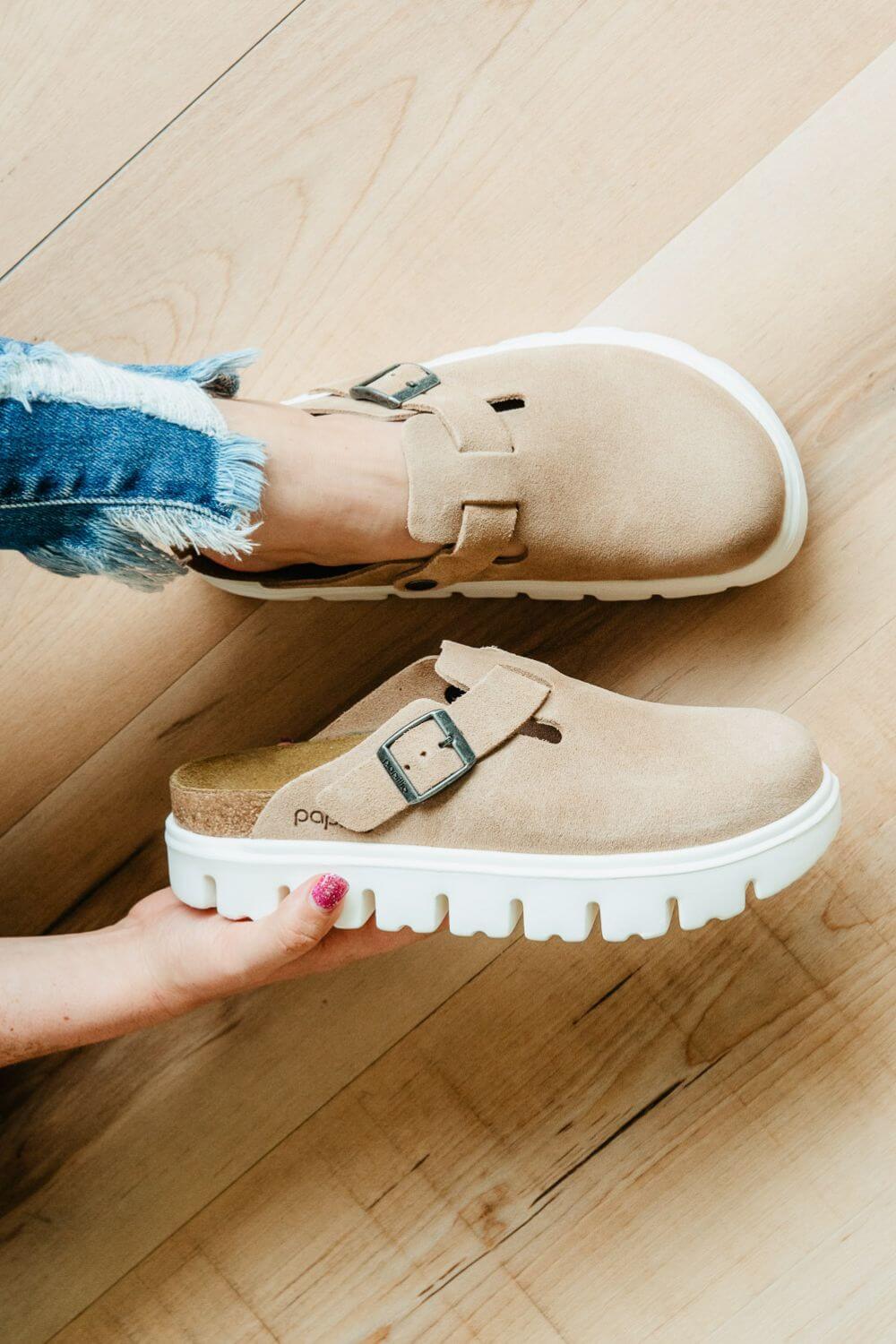 Papillo by Birkenstock Boston Chunky Suede Leather Clogs for Women in Warm Sand