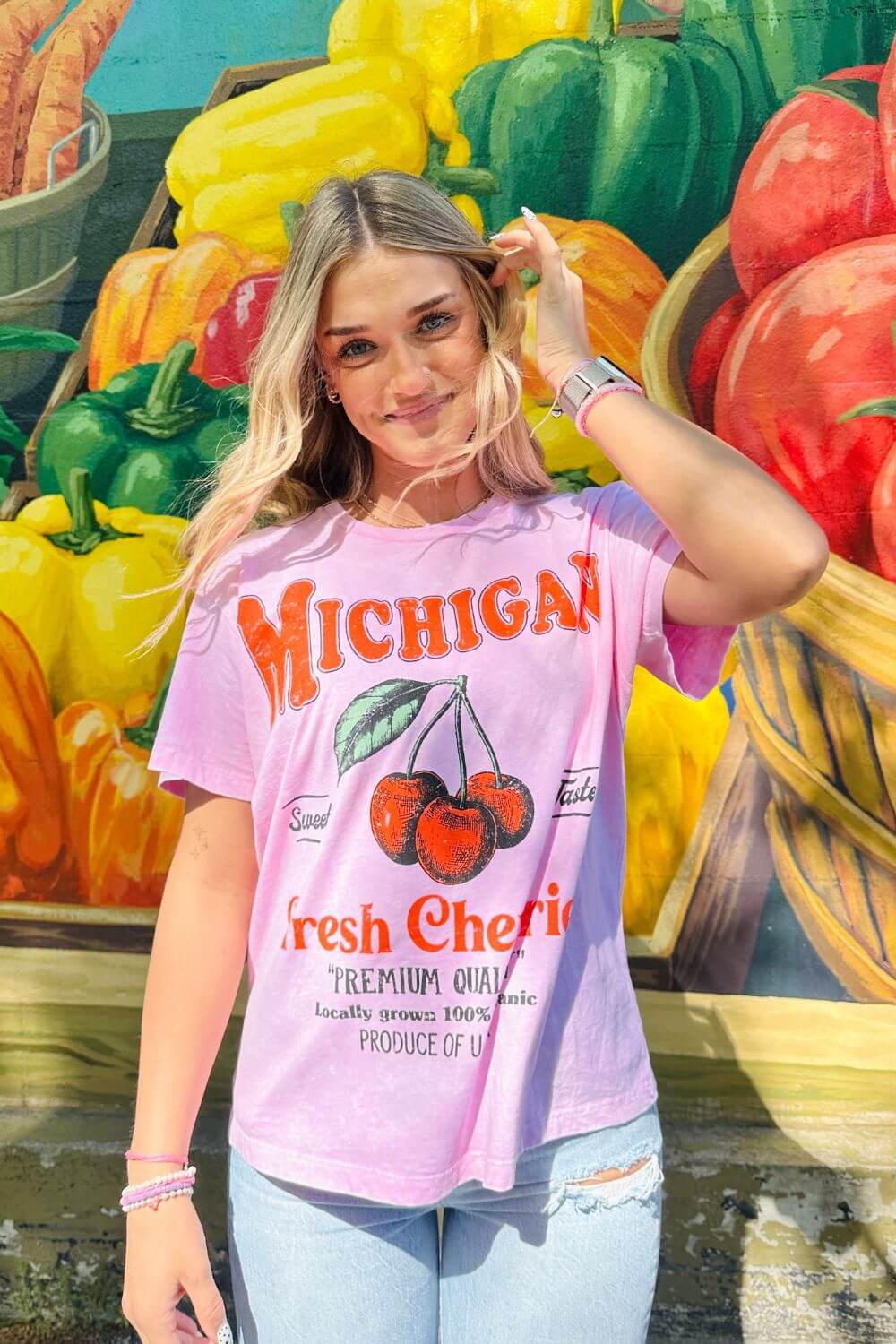 Michigan Cherry Graphic T-Shirt for Women in Pink