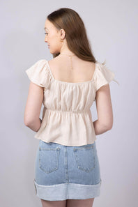 Front Ruched Tie Waist Gauze Top for Women in Natural