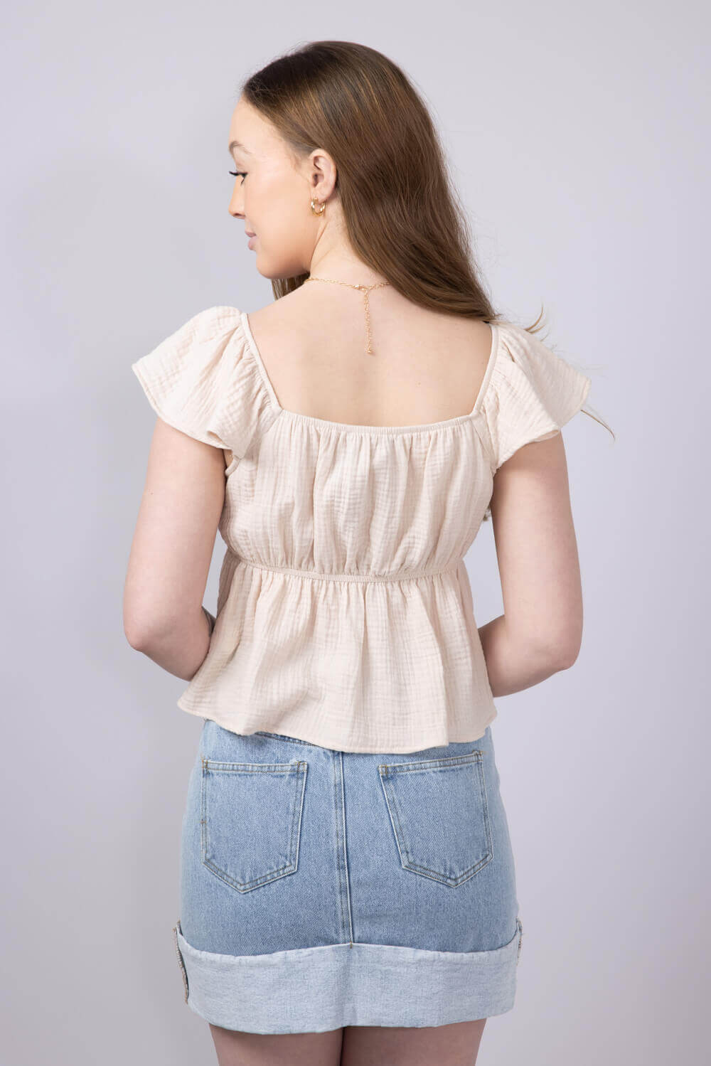 Front Ruched Tie Waist Gauze Top for Women in Natural