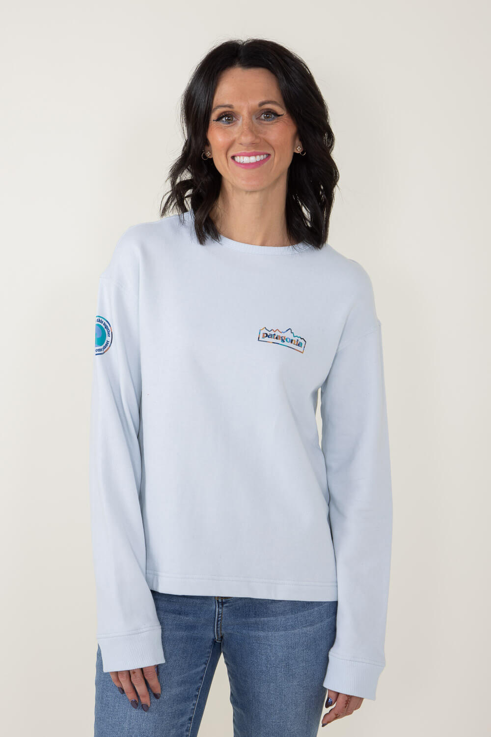 Patagonia Women’s Long Sleeve Unity Fitz Wildrise Crewneck in Chilled Blue