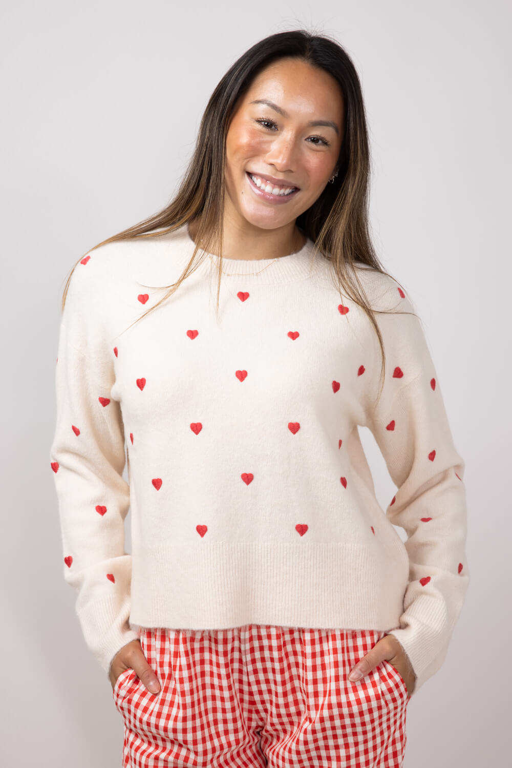 Embroidered Hearts Sweater for Women in Cream/Red