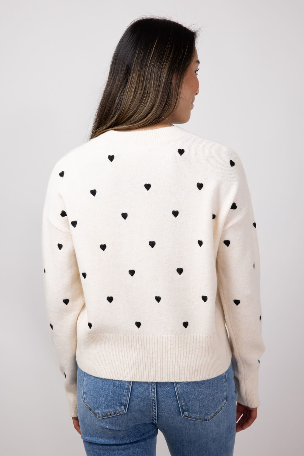 Embroidered Hearts Sweater for Women in Cream/Black
