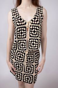 ACOA Crochet Front Tie Top and Skirt Set for Women in Black Ivory