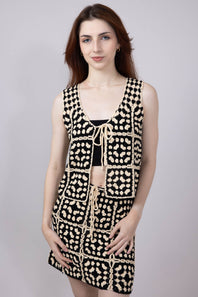 ACOA Crochet Front Tie Top and Skirt Set for Women in Black Ivory