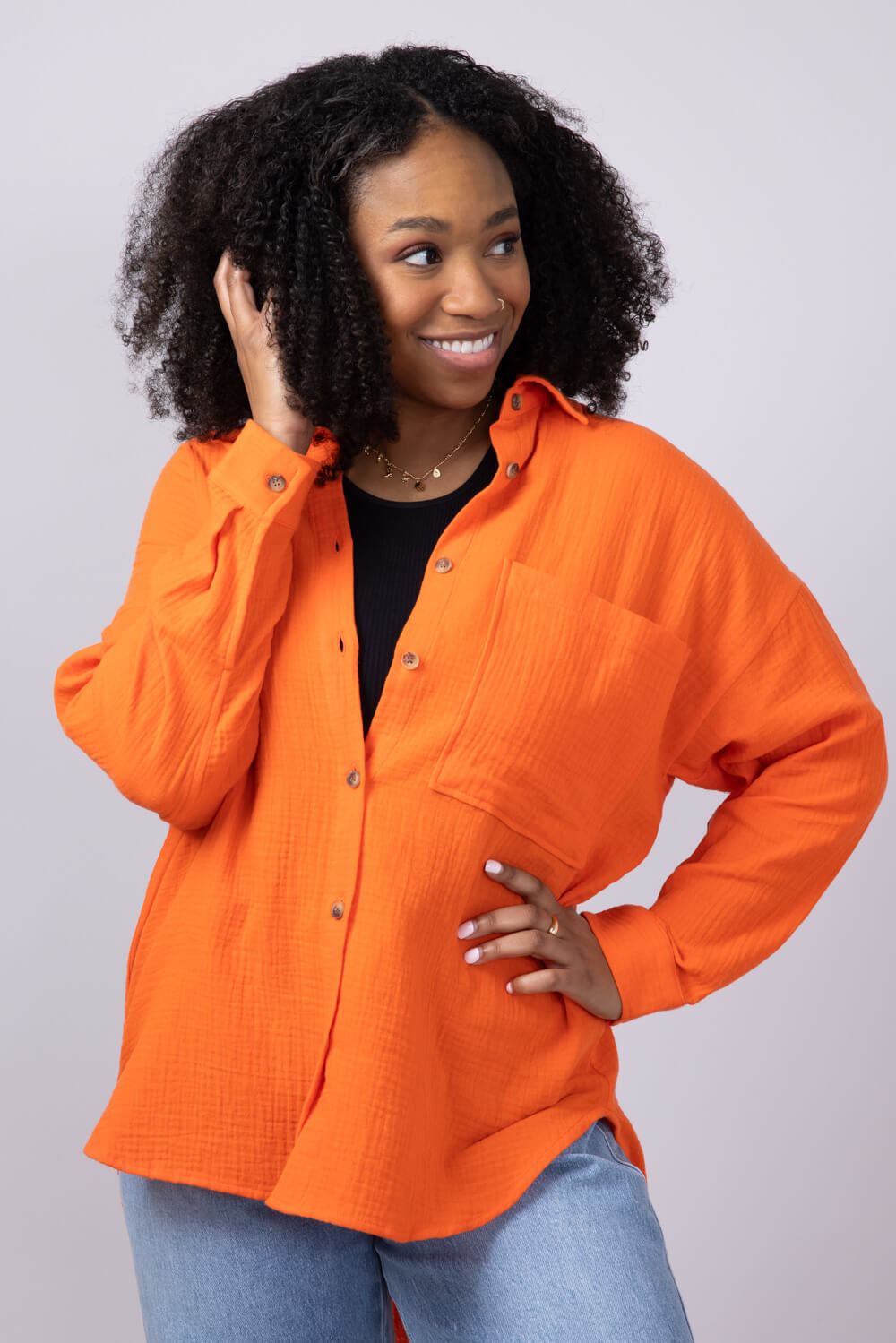 ACOA Oversized Gauze Boyfriend Shirt for Women in Orange
