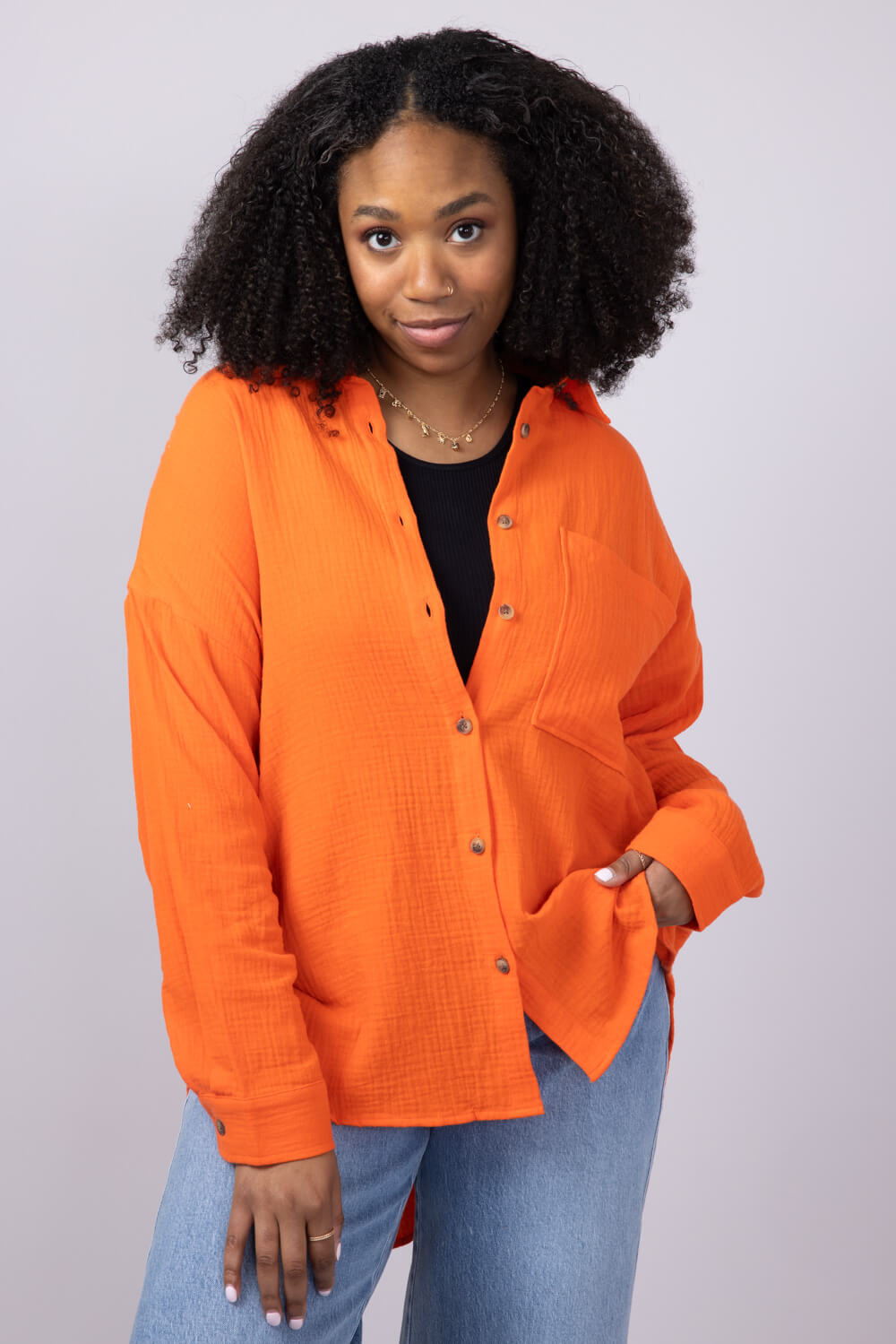 ACOA Oversized Gauze Boyfriend Shirt for Women in Orange