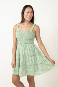 Open Back Elastic Band Mini Dress for Women in Green Floral