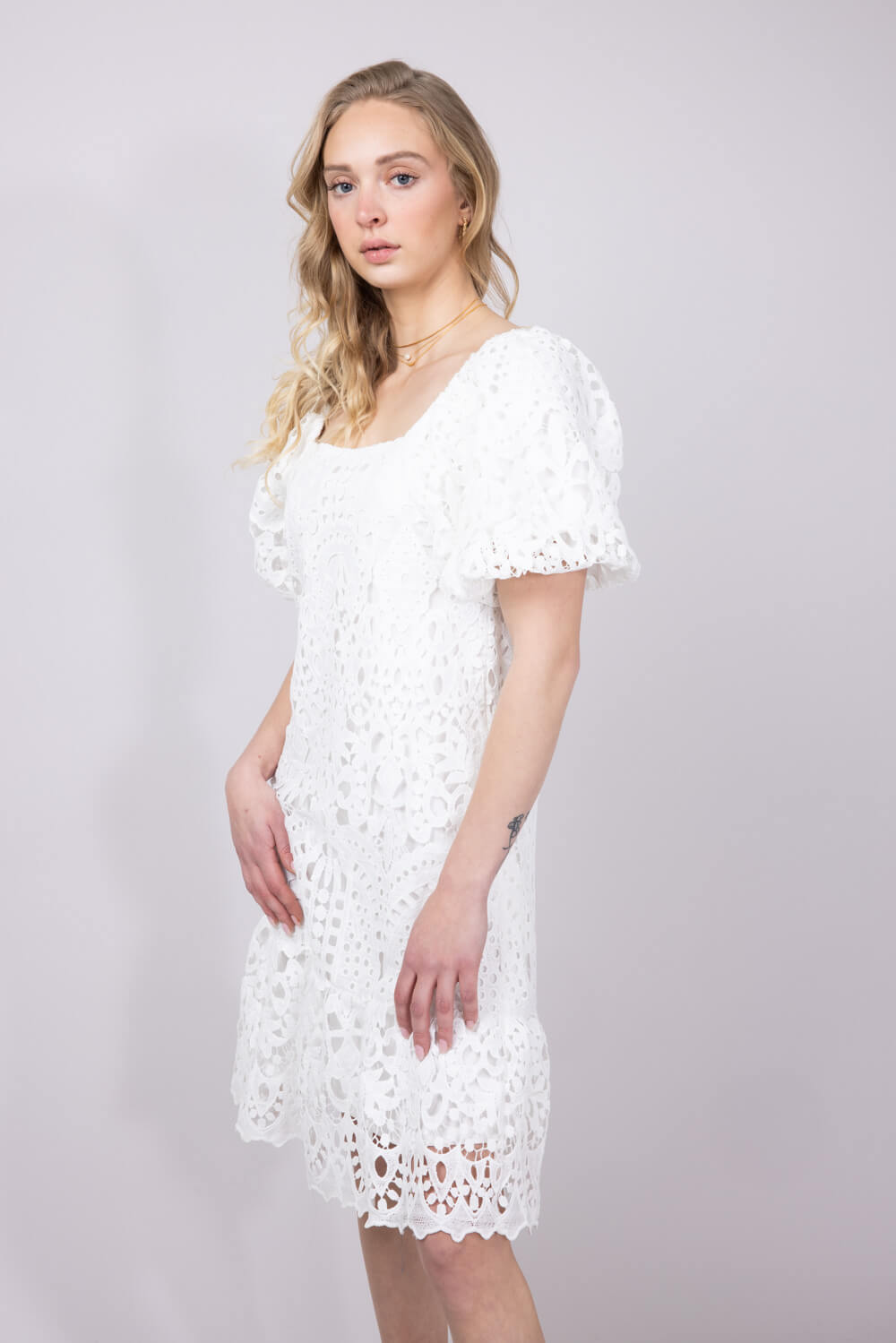 Square Neckline Lace Dress for Women in White