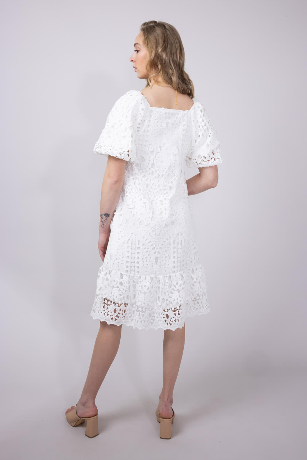 Square Neckline Lace Dress for Women in White