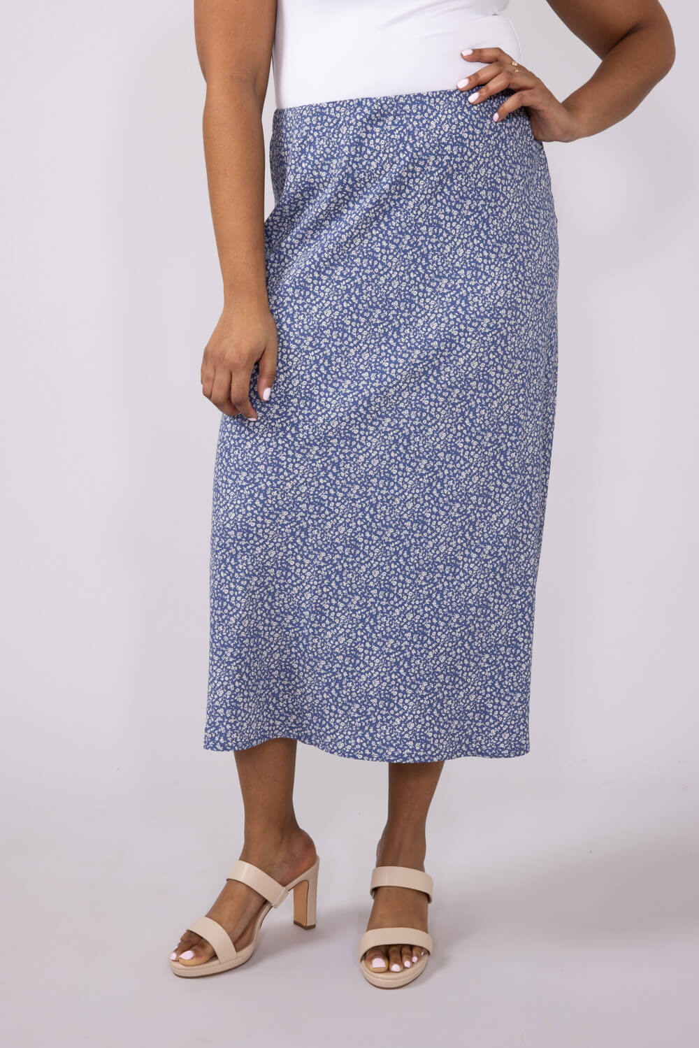 Ditsy Floral Midi Skirt for Women in Dusty Blue 