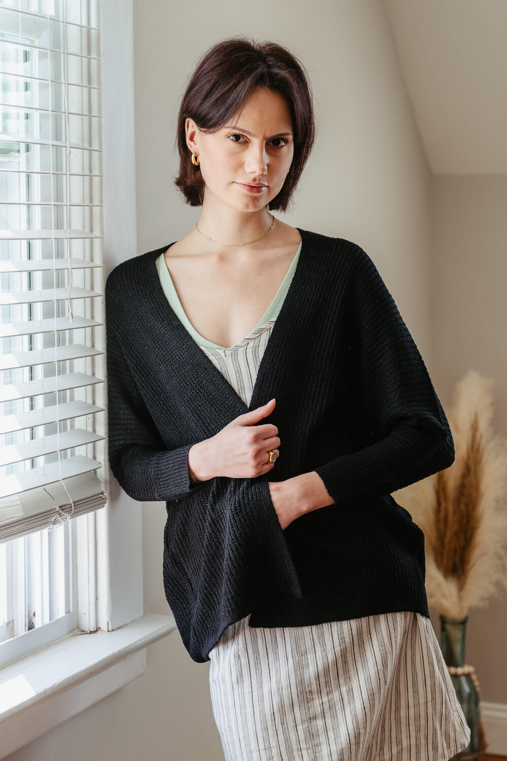 Shaker Stitch Cardigan for Women in Black