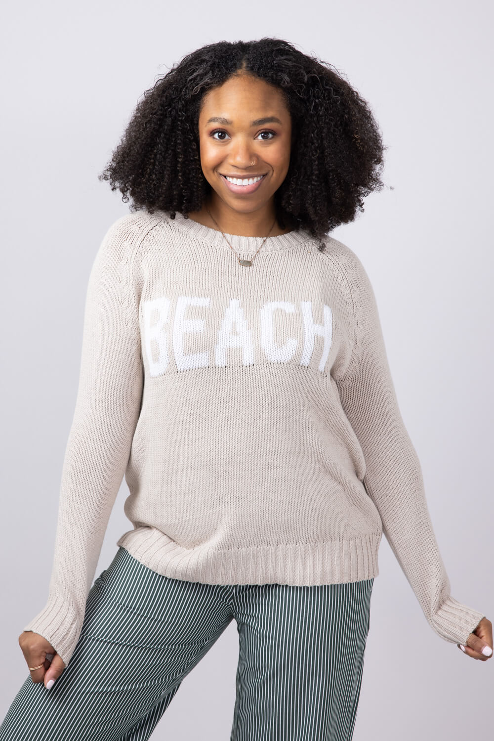 Beach Crewneck Sweater for Women in Khaki 