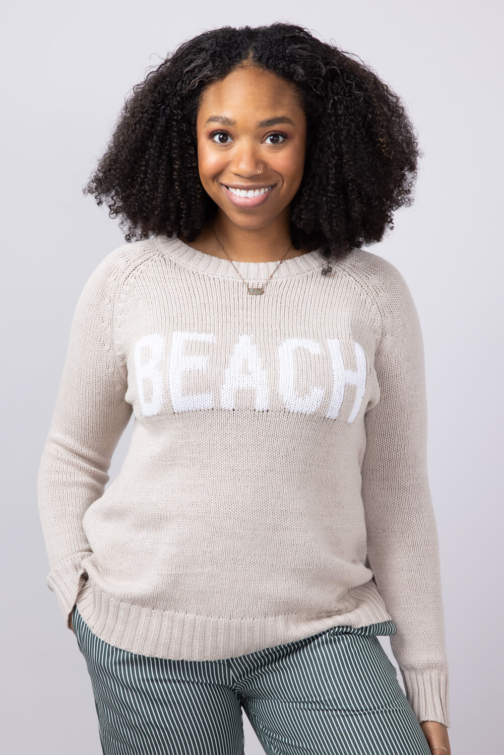 Beach Crewneck Sweater for Women in Khaki 