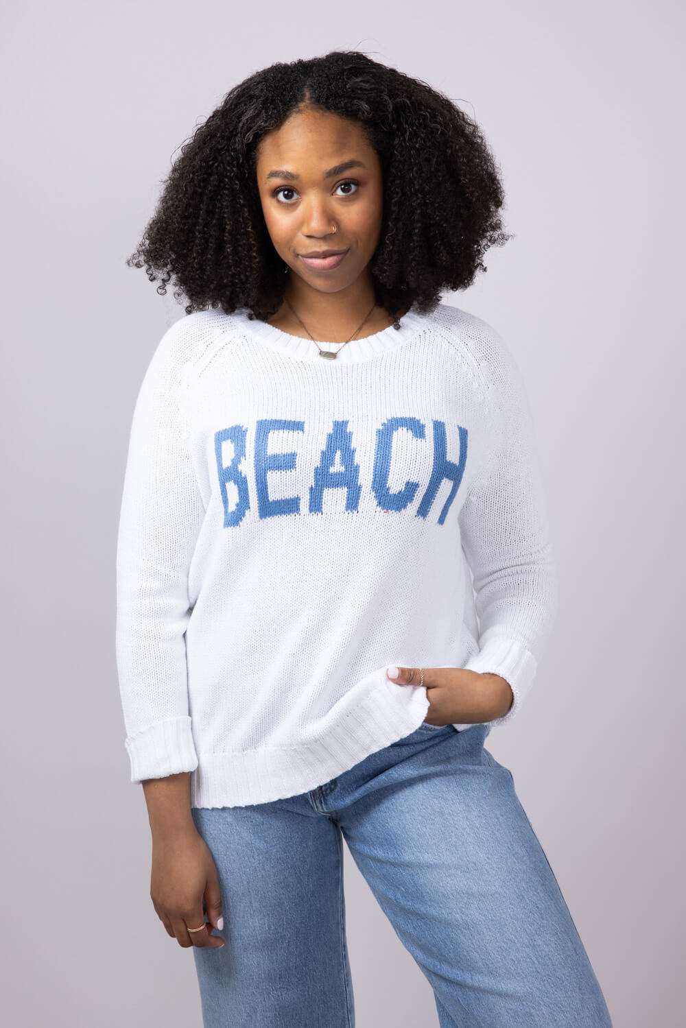 Beach Crewneck Sweater for Women in White Blue