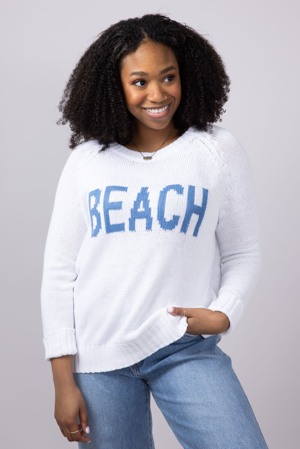 Beach Crewneck Sweater for Women in White Blue