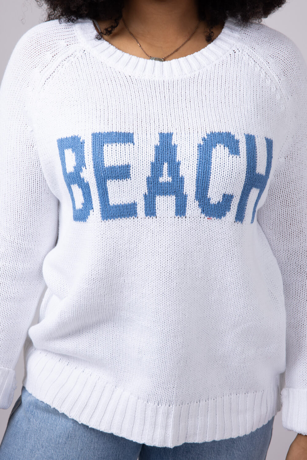 Beach Crewneck Sweater for Women in White Blue