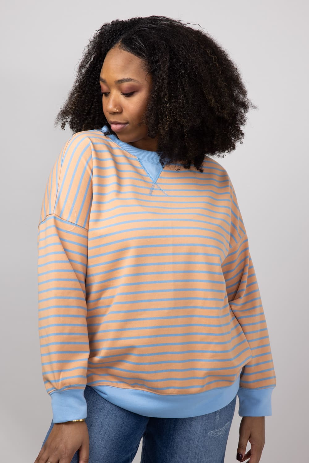 Stripe French Terry Relaxed Fit Sweatshirt for Women in Orange