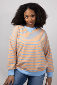 Stripe French Terry Relaxed Fit Sweatshirt for Women in Orange