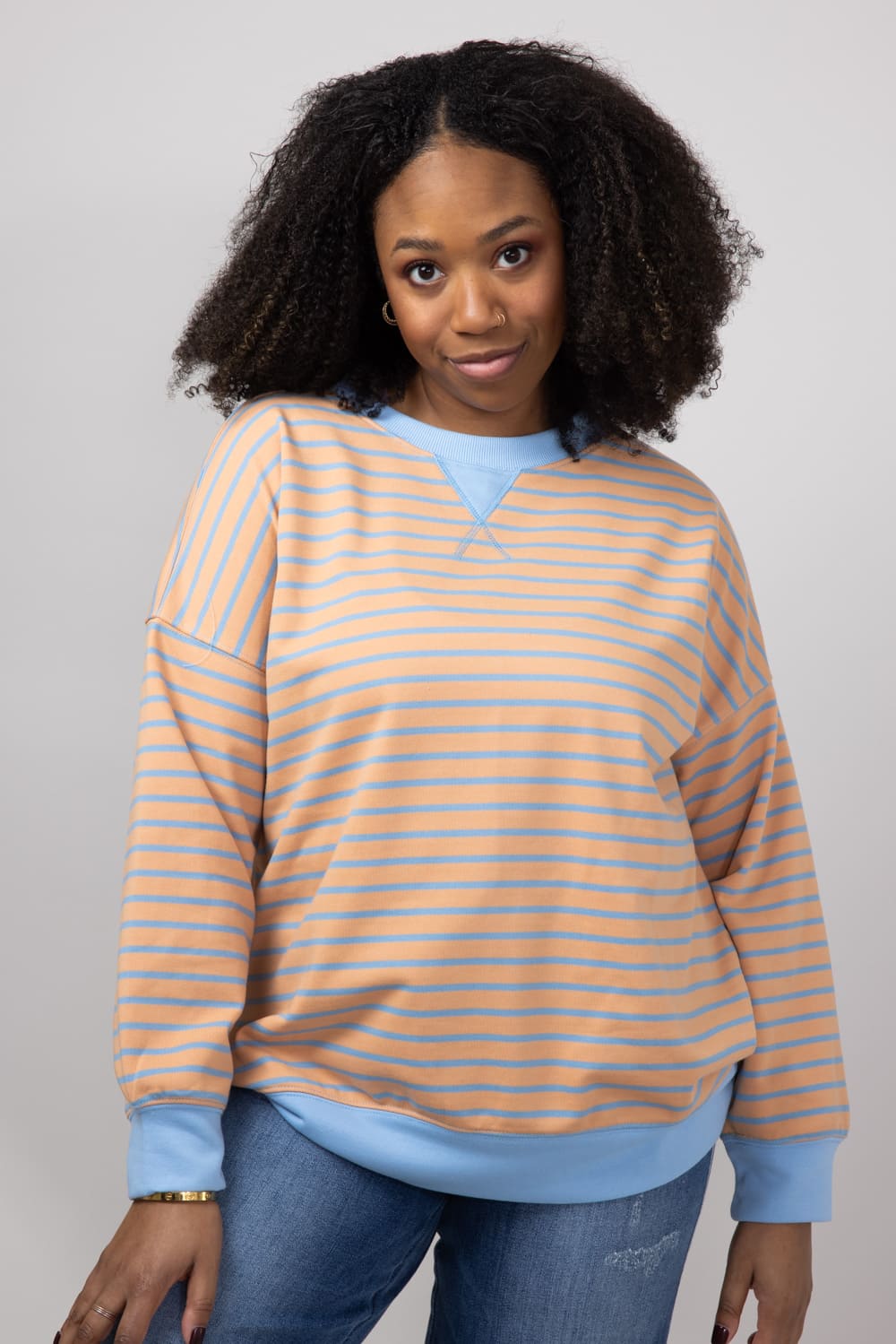 Stripe French Terry Relaxed Fit Sweatshirt for Women in Orange