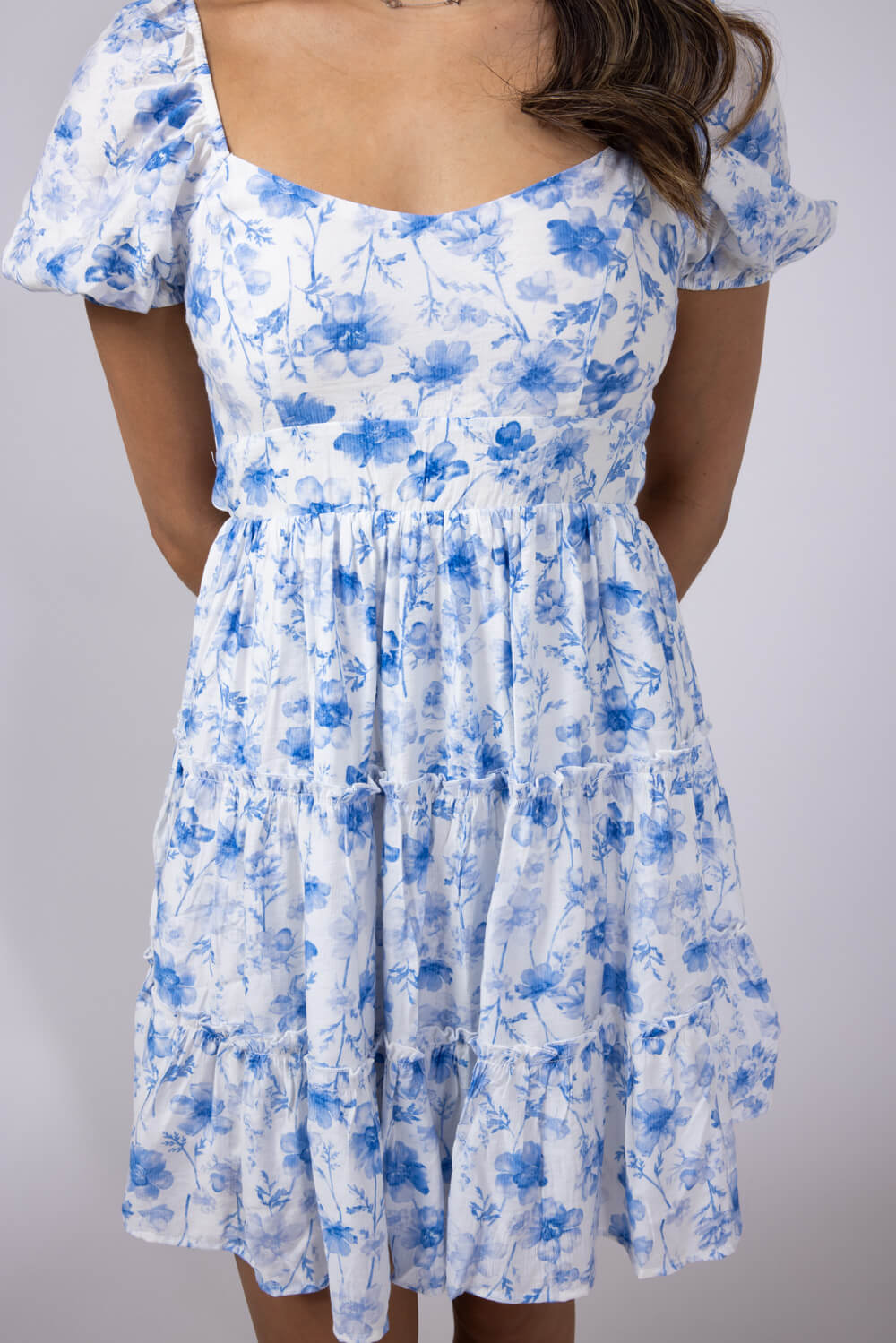 Tiered Floral Back Tie Dress for Women in Blue