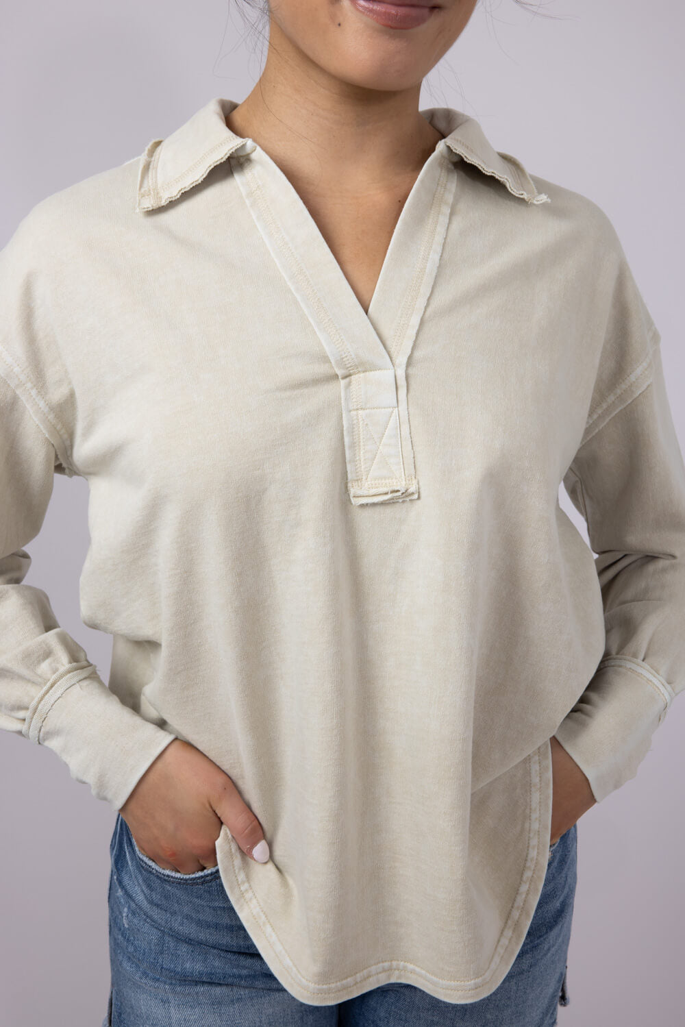 Blu Pepper Johnny Collar Mineral Wash Shirt for Women in Oatmeal
