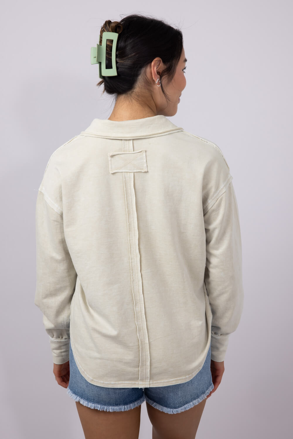 Blu Pepper Johnny Collar Mineral Wash Shirt for Women in Oatmeal