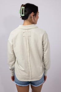 Blu Pepper Johnny Collar Mineral Wash Shirt for Women in Oatmeal