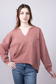 Blu Pepper Notched V-neck Knit Top for Women in Dusty Rose