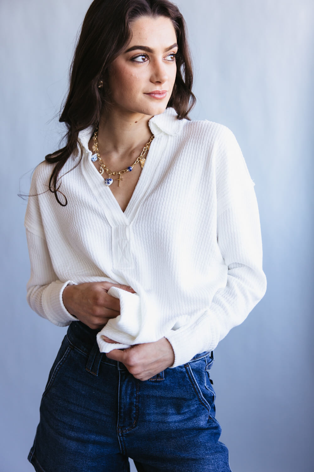Blu Pepper Ribbed Knit Johnny Collar Polo Shirt for Women in White