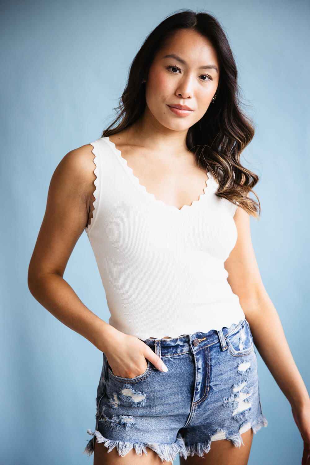 Scallop Tank Top for Women in White